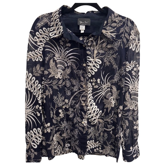 Vintage Diane Freis Original Sheer Floral Button Up Blouse 100% Cotton, Navy - Picture 1 of 4